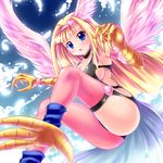  armband ass blonde_hair blue_eyes breasts claws collarbone duel_monster feathers hair_ornament harpie_girl heart heart_hair_ornament kogarashi_(wind_of_winter) large_breasts pantyhose thighhighs wings wristband yuu-gi-ou 