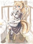  animal_ears blonde_hair blue_eyes chair cup full_body gloves highres holding long_hair looking_at_viewer maid mimosa211 oekaki original plate ponytail sitting sketch solo table tail teacup 