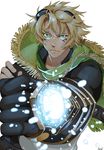  blonde_hair capelet energy ezreal facial_mark gloves glowing goggles goggles_on_head green_eyes kisarazu_tetsuya league_of_legends male_focus md5_mismatch signature 