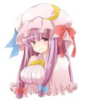  bad_id bad_pixiv_id bow crescent hair_bow hat light_smile long_hair patchouli_knowledge purple_eyes purple_hair rougetsu sidelocks simple_background solo symbol-shaped_pupils touhou upper_body very_long_hair white_background 