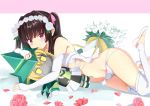  1girl akatsuki_kirika bangs bare_shoulders black_hair blunt_bangs blush bouquet breasts character_doll commentary_request elbow_gloves flower gloves hair_flower hair_ornament long_hair looking_at_viewer lying navel on_side panties pink_eyes revealing_clothes rikopin senki_zesshou_symphogear shiny shiny_hair shiny_skin small_breasts smile solo thighhighs tsukuyomi_shirabe twintails underwear white_flower white_gloves white_legwear white_panties 
