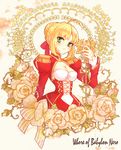  ahoge bad_id bad_pixiv_id blonde_hair breasts character_name cleavage dress epaulettes fate/extra fate_(series) flower green_eyes hair_ribbon large_breasts miyagi_rie nero_claudius_(fate) nero_claudius_(fate)_(all) plant ribbon rose solo staff thorns vines 