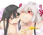  bad_id bad_pixiv_id banana black_eyes black_hair blush bow breasts censored censored_food cheek-to-cheek clenched_teeth collarbone fake_censor fighting food frown fruit fujiwara_no_mokou hair_bow hand_on_another's_chin houraisan_kaguya long_hair mosaic_censoring multiple_girls nipples one_eye_closed open_mouth pointless_censoring red_eyes saryuu_(iriomote) small_breasts sweat teeth touhou white_hair 