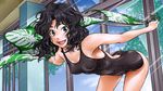  :d amagami bent_over black_eyes black_hair fukudahda light_rays long_hair looking_at_viewer one-piece_swimsuit open_mouth outstretched_arms smile solo spread_arms sunbeam sunlight swimsuit tanamachi_kaoru towel wavy_hair wet window 
