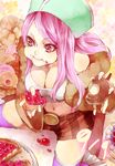  akizuki_hakuto anti-eyebrow_piercing breasts cleavage doughnut eating food food_on_face full_mouth hat jewelry_bonney large_breasts lipstick long_hair makeup midriff navel one_piece pie pink_eyes pink_hair shorts solo thighhighs 