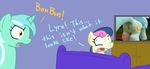  caught cutie_mark english_text equine female feral friendship_is_magic hair horn horse lyra_(mlp) lyra_heartstrings_(mlp) mammal my_little_pony plushie pony pussy sex_toy sofa television text two_tone_hair unicorn yellow_eyes 