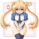  1girl angry blonde_hair blue_eyes blush bottomless covering covering_crotch kokorono_arika necktie original solo thighhighs twintails 
