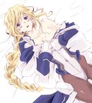  bad_id bad_pixiv_id blonde_hair blue_eyes blush bodysuit braid breasts breath cleavage gloves highres kyoukaisenjou_no_horizon large_breasts long_hair mary_stuart mayumelo off_shoulder pantyhose scar single_braid solo tears undressing 