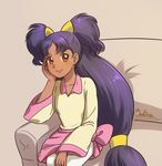  big_hair black_hair brown_eyes couch dark_skin hair_ornament iris_(pokemon) long_hair looking_at_viewer low-tied_long_hair magical_ondine pokemon pokemon_(game) pokemon_bw signature sitting smile solo two_side_up very_long_hair 