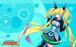  aqua_background artist_request attouteki_yuugi_mugen_souls black_legwear blonde_hair blue_eyes copyright_name dees_vanguard expressionless hair_grab long_hair skirt solo thighhighs twintails 