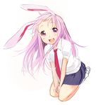  animal_ears blush bunny_ears kneeling long_hair looking_at_viewer necktie open_mouth purple_hair red_eyes red_neckwear reisen_udongein_inaba short_sleeves skirt smile solo touhou ume_(plumblossom) very_long_hair 
