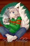  2018 4_toes 5_fingers animal_humanoid barefoot beverage biped blowing blue_eyes brown_ears brown_eyebrows canine canine_humanoid christmas claws clothing english_text fluffy fluffy_tail hair holding_cup holidays humanoid long_hair long_tail looking_at_viewer male mammal pale_skin pants poethewondercat pok&eacute;mon_humanoid portrait sitting solo steam sweater tan_ears tan_hair text toes two_tone_ears white_tail 