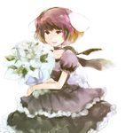  alternate_color alternate_costume animal_ears bouquet bunny_ears carrot choker dress flower formal highres holding inaba_tewi open_mouth puffy_short_sleeves puffy_sleeves purple_dress purple_eyes purple_hair qeey rose short_sleeves solo touhou white_background white_flower white_rose 