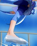  aoki_reika barefoot bike_shorts blue blue_hair blue_skirt cure_beauty feet foreshortening from_below glass_slipper haruyama_kazunori leggings long_hair navel no_socks precure skates skirt smile_precure! solo transparent_footwear 