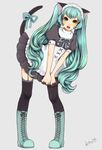  alternate_costume animal_ears aqua_hair bad_id bad_pixiv_id boots cat_ears cat_tail cross-laced_footwear dress enmaided full_body garter_straps green_eyes hatsune_miku kemonomimi_mode kittyo lace-up_boots leaning_forward long_hair maid open_mouth pigeon-toed simple_background solo tail thighhighs twintails very_long_hair vocaloid 