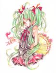  bouquet flower green_eyes green_hair hair_ribbon hatsune_miku kawana_(spicaboy) long_hair one_eye_closed ribbon simple_background skirt solo traditional_media twintails very_long_hair vocaloid white_background 