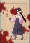  absurdres black_hair blood bow brown_eyes hair_bow hakama hand_print highres huangquan_dong_(sinchi) japanese_clothes kitsu_chiri long_hair sayonara_zetsubou_sensei shovel smile solo standing wide_sleeves 