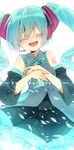  ^_^ aka_tonbo_(lililil) aqua_hair closed_eyes detached_sleeves hatsune_miku headset highres long_hair necktie open_mouth skirt solo twintails vocaloid 