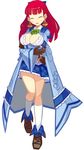  ^_^ attouteki_yuugi_mugen_souls blue_skirt breasts closed_eyes coat crossed_arms earrings full_body gloves half_updo jewelry kneehighs large_breasts long_hair marina_cannonvale nanameda_kei official_art red_hair shoes skirt smile solo white_background white_legwear 