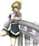  arm_warmers blonde_hair green_eyes mizuhashi_parsee no_bra open_clothes open_mouth pale_skin pointy_ears ponytail scarf skirt solo standing standing_on_one_leg touhou undressing white_background yuzutaro 