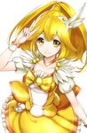  blonde_hair bow collarbone cure_peace dress hair_flaps kise_yayoi long_hair looking_at_viewer magical_girl precure simple_background skirt smile smile_precure! solo takemori_shintarou v white_background wrist_cuffs yellow yellow_bow yellow_eyes yellow_skirt 