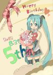  2012 aqua_eyes aqua_hair bouquet character_name dated detached_sleeves flower happy_birthday hatsune_miku highres long_hair necktie open_mouth s_ko skirt solo thighhighs twintails very_long_hair vocaloid 