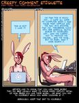  chair clothing comic comment computer creepy ear_piercing english_text fabinella female fruit fur hair humor lady_snakebite lagomorph laptop mammal nude office_chair pear piercing pink_fur rabbit red_eyes red_hair shirt text tissue 