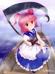  boat hair_bobbles hair_ornament highres nanarinca obi onozuka_komachi puffy_sleeves red_eyes red_hair sash scythe short_hair short_sleeves smile solo touhou two_side_up watercraft weapon younger 