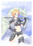  bad_id bad_pixiv_id black_panties blonde_hair blue_eyes breastplate breasts dovahkiin dragon efmoe gauntlets glasses hand_on_hip highres holding looking_at_viewer medium_breasts navel paarthurnax panties short_hair solo sword the_elder_scrolls the_elder_scrolls_v:_skyrim underwear weapon 