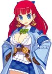  attouteki_yuugi_mugen_souls belt blue_eyes blue_skirt breasts coat earrings gloves half_updo hands_on_hips jewelry large_breasts long_hair marina_cannonvale nanameda_kei official_art red_hair skirt smile solo white_background 