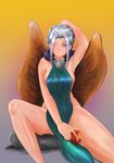  ;t alternate_hairstyle bare_hips bare_shoulders blue_eyes breasts cape eating food fruit hand_behind_head highres kayle league_of_legends legs medium_breasts mouya_(sars) naked_tabard one_eye_closed revealing_clothes sideboob silver_hair solo tabard wings 