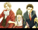  2boys :d ayasato_mayoi brown_eyes brown_hair closed_eyes formal gyakuten_saiban hair_bun happy japanese_clothes kimono locked_arms magatama mitsurugi_reiji multiple_boys naruhodou_ryuuichi open_mouth ran_(rantksn) smile suit 