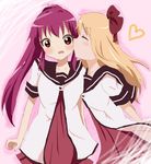  blonde_hair closed_eyes highres kiss multiple_girls nanamori_school_uniform ponytail purple_eyes purple_hair school_uniform serafuku sugiura_ayano toshinou_kyouko yuru_yuri 