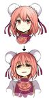  directional_arrow double_bun evil_smile flower highres ibaraki_kasen kamata_yuuya light_smile looking_at_viewer pink_eyes pink_hair short_hair sketch smile solo tabard touhou upper_body 