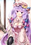  black_legwear blush bow breasts cleavage crescent hair_bow hat large_breasts long_hair long_sleeves looking_at_viewer open_mouth patchouli_knowledge purple_eyes purple_hair solo sugiyuu sweatdrop thighhighs touhou 