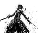  dual_wielding greyscale holding jacket kirito male_focus merpperoni monochrome solo sword sword_art_online weapon 