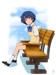  ano_natsu_de_matteru bench blue_eyes blue_hair blush chair dorsiflexion kueru_(yuuki_tamerawanai) long_legs looking_at_viewer school_uniform short_hair sitting skirt smile solo sweater_vest tanigawa_kanna 