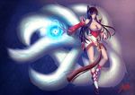  ahri animal_ears bare_shoulders black_hair braid breasts cleavage collarbone detached_sleeves energy_ball fingernails fox_ears fox_tail glowing korean_clothes large_breasts league_of_legends long_hair multiple_tails orb signature solo tail x85219960 yellow_eyes 