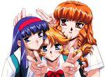  90s blonde_hair blue_eyes braid double_v drill_hair hairband hatano_kanna hime_cut kono_yo_no_hate_de_koi_wo_utau_shoujo_yu-no multiple_girls orange_eyes orange_hair pointy_ears pose purple_eyes purple_hair school_uniform shimazu_mio twin_braids v yu-no 