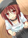  braid brown_hair hat highres original red_eyes shirasu_youichi tenihaba_nana twin_braids 