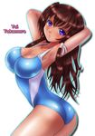  ass bad_anatomy blue_eyes boken_fantasy breasts brown_hair competition_swimsuit highres large_breasts long_hair looking_back muvluv muvluv_alternative muvluv_total_eclipse one-piece_swimsuit swimsuit takamura_yui 
