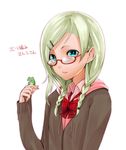  1girl blonde_hair blue_eyes braid frog glasses hair_ornament hairclip long_hair original parted_lips red-framed_glasses ribbon semi-rimless_glasses shiro_(nitto) simple_background solo sweater tenco_(nitto) twin_braids white_background 