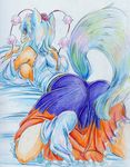  animal_ears ass blush breasts colored_pencil_(medium) detached_sleeves hat hat_ribbon highres impossible_clothes inubashiri_momiji kitazinger large_breasts lying on_stomach red_eyes ribbon shirt short_hair sideboob silver_hair skirt solo tail tokin_hat touhou traditional_media wolf_ears wolf_tail 