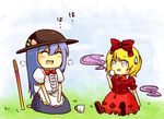  :d bad_id bad_pixiv_id blonde_hair blue_eyes blue_hair bow cup dress food fruit grass hair_ornament hat hinanawi_tenshi medicine_melancholy multiple_girls open_mouth pasu peach smile sword teardrop touhou weapon 