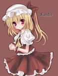  ascot bad_id bad_pixiv_id blonde_hair blush character_name flandre_scarlet hat hat_ribbon highres kohinata_hoshimi open_mouth puffy_sleeves red_eyes ribbon short_hair short_sleeves side_ponytail solo touhou 