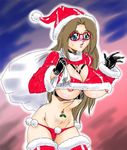  areola_slip areolae bdsm belly_piercing blue_eyes blush breasts brown_hair cameltoe christmas collar cyber-linx glasses gloves harness hat long_hair piercing santa_hat slave thighhighs underboob 