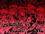  akanbe blood blood_on_face book braid crescent cross crystal dragon flandre_scarlet hat hong_meiling izayoi_sakuya knife laevatein long_hair maid maid_headdress monochrome multiple_girls painfultree patchouli_knowledge remilia_scarlet short_hair slit_pupils star the_embodiment_of_scarlet_devil tongue tongue_out touhou twin_braids upper_body 