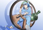  blue_eyes blue_hair crossover fuuzasa gloves goggles goggles_on_head hair_bobbles hair_ornament hat hood hoodie kawashiro_nitori monowheel riding shoes short_twintails sleeves_rolled_up sneakers solo steamboy steampunk touhou twintails two_side_up 