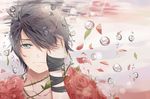  absurdres androgynous bandages black_hair bubble covering_face flower grey_eyes highres injury liu_guniang male_focus original petals rose scratches solo tears underwater 