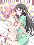  akemi_homura arm_pillow ayukko_(forest_village) bed black_hair blush hug kaname_madoka kyubey long_hair lying mahou_shoujo_madoka_magica multiple_girls on_bed on_side open_mouth pajamas pillow pink_eyes pink_hair purple_eyes short_hair smile yuri 